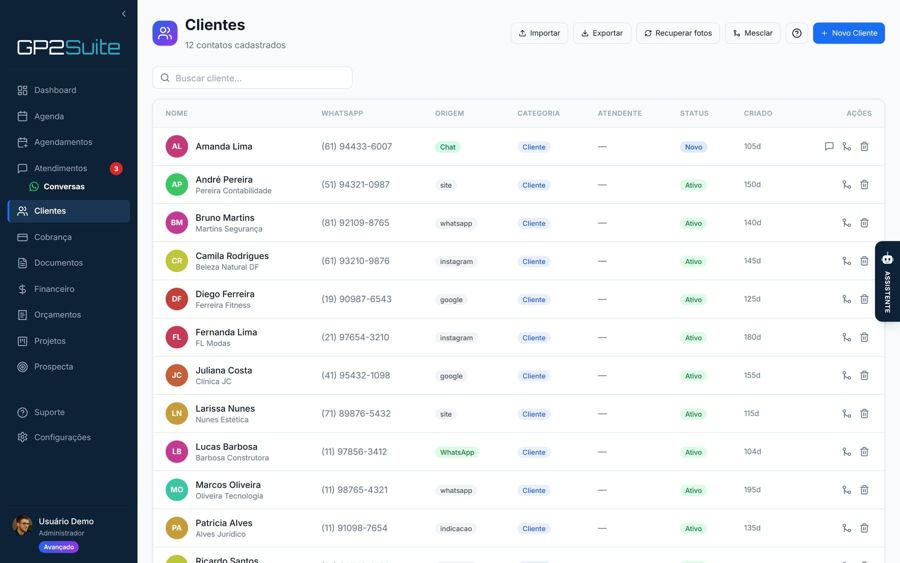 Lista de clientes do GP2Suite