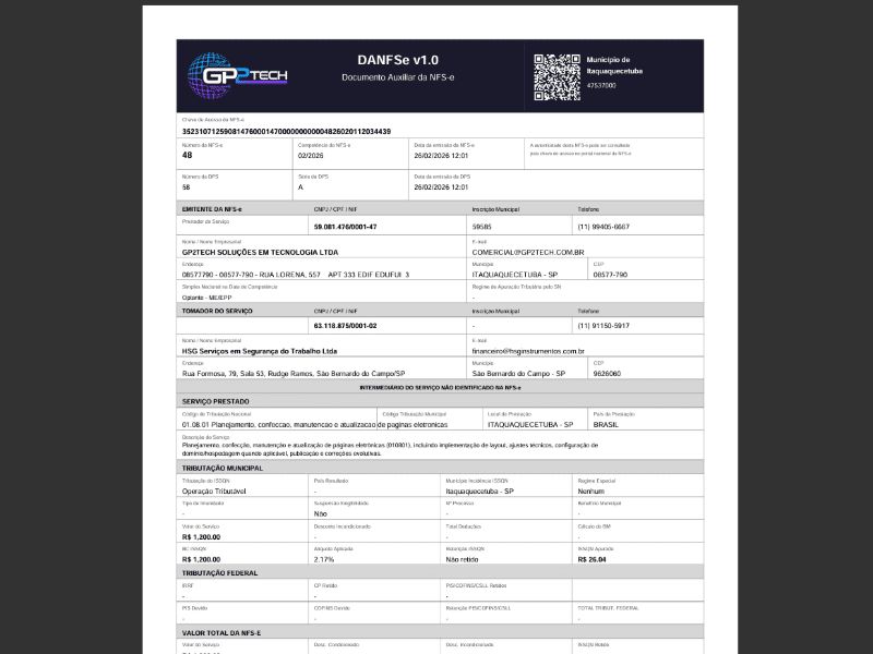 Nota fiscal emitida pelo sistema